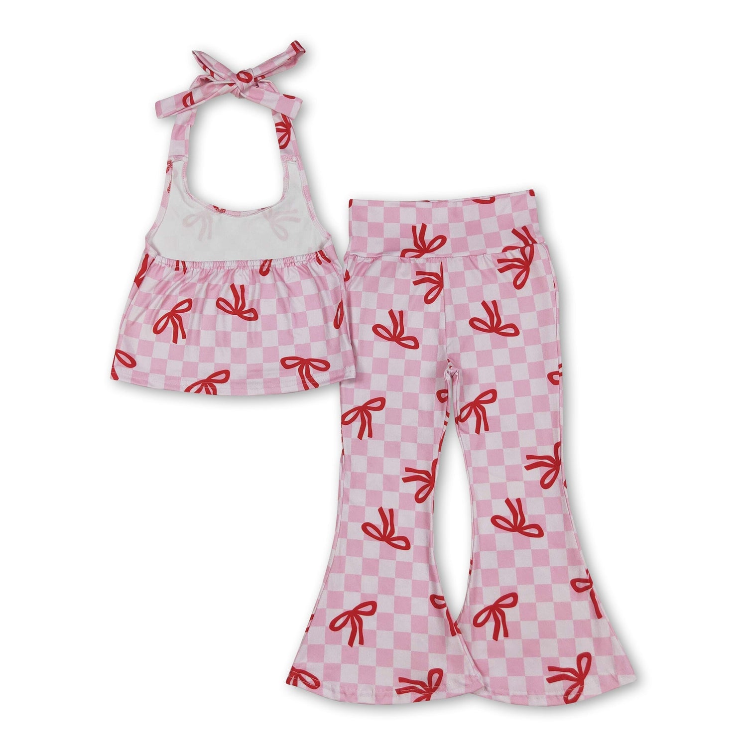 Pink plaid bow halter top bell bottom pants girls clothes