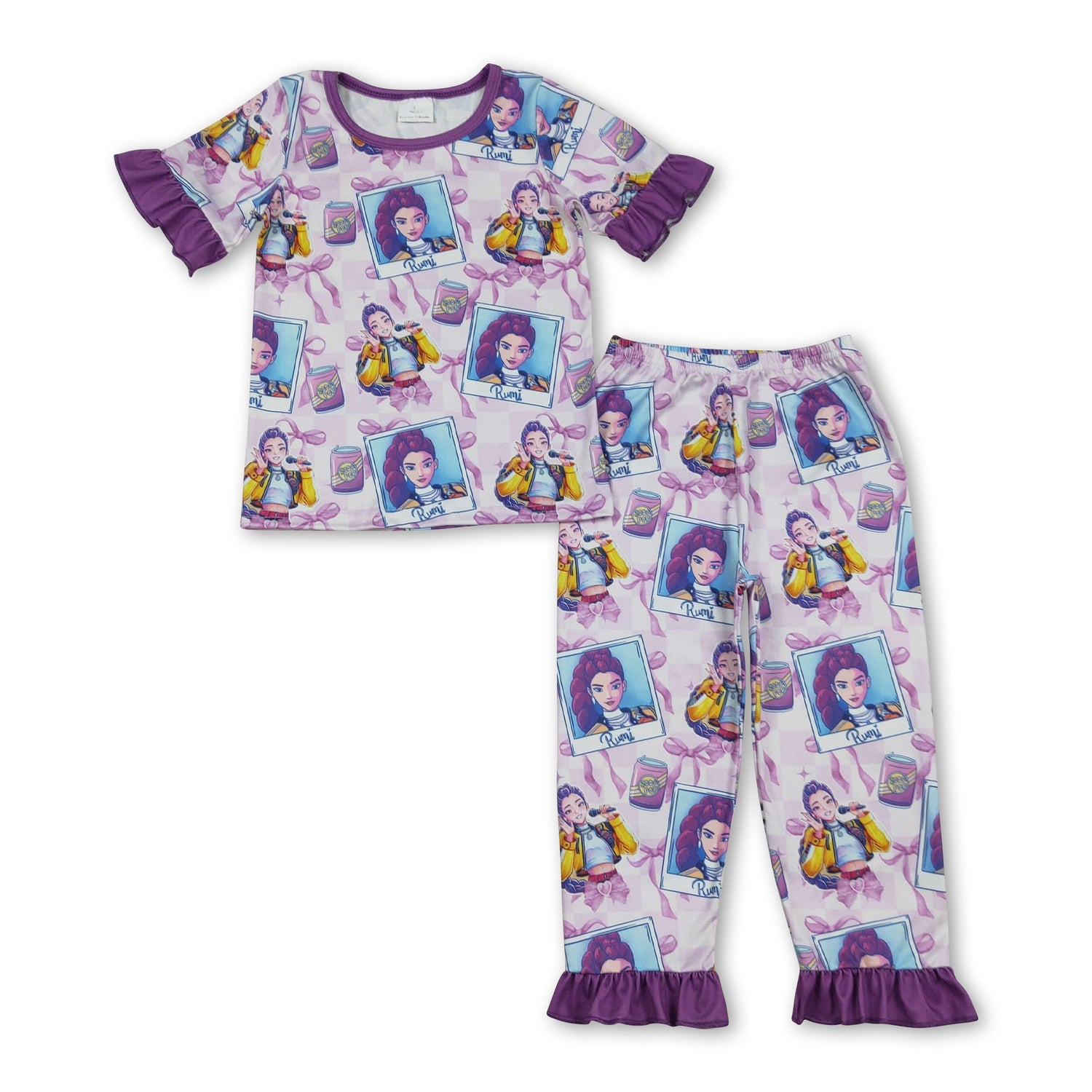 Short sleeves ruffle bow music top pants girls pajamas set