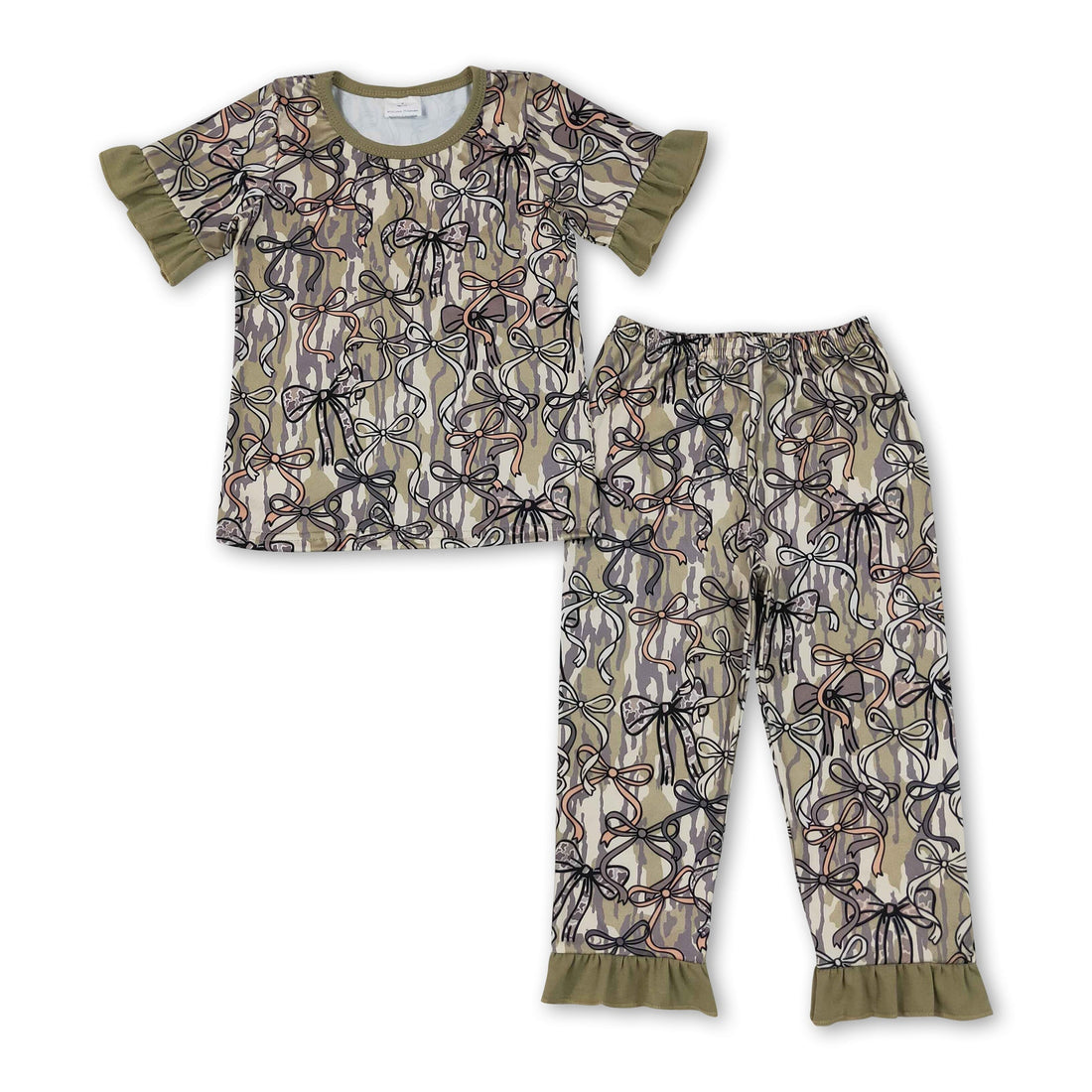 Girl short sleeve camo bow top and pants pajamas set by Mini Rodeo, featuring a stylish camo print and comfortable fit.
