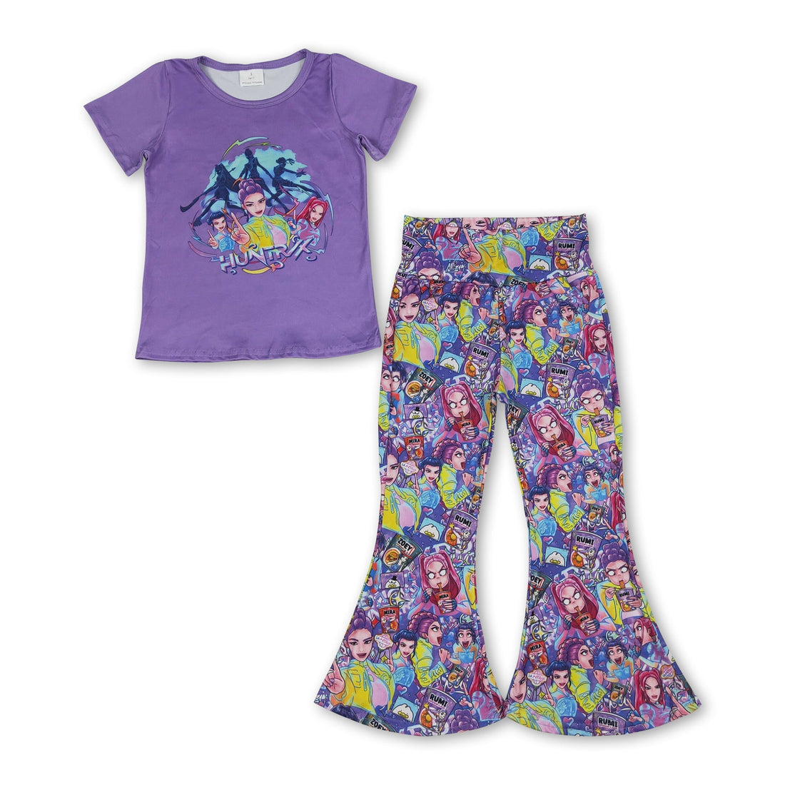 Mini Rodeo girl short sleeves purple hunter top and pants set, casual outfit for girls, featuring a stylish matching top and pants.