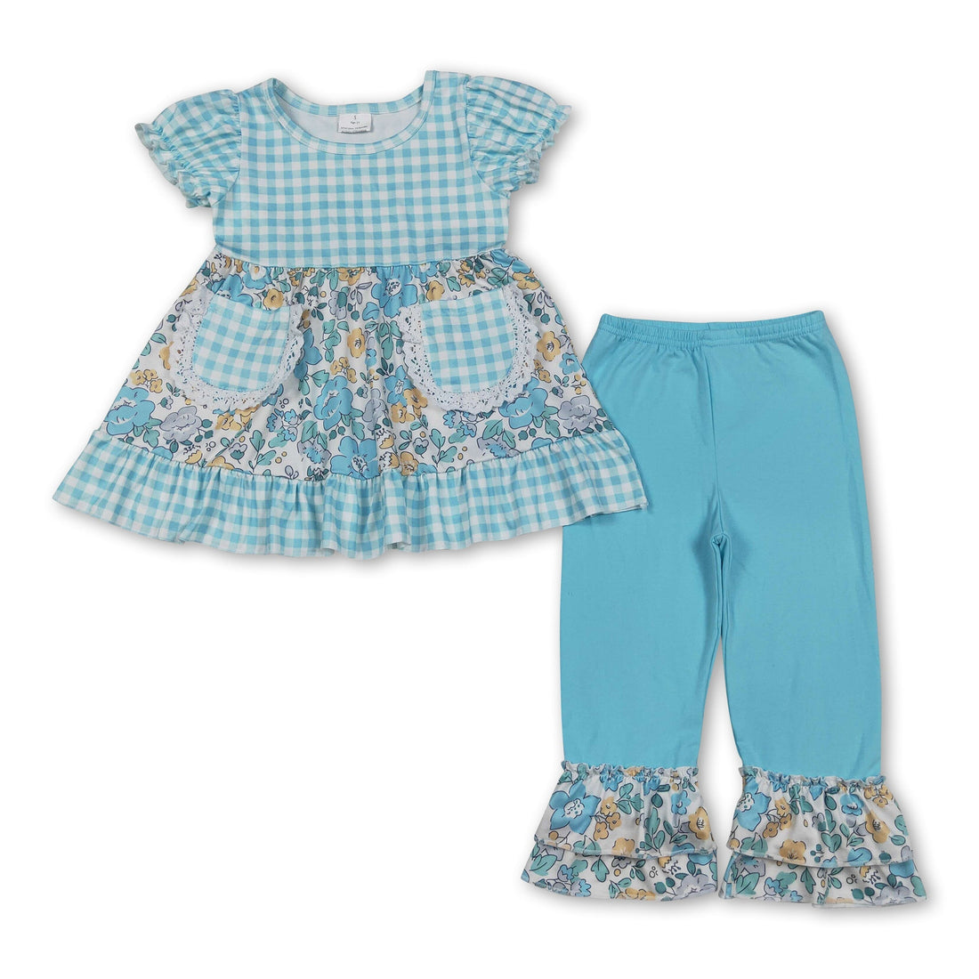 Girl short sleeves plaid floral tunic and pants set by Mini Rodeo, featuring a stylish, comfortable outfit for girls.