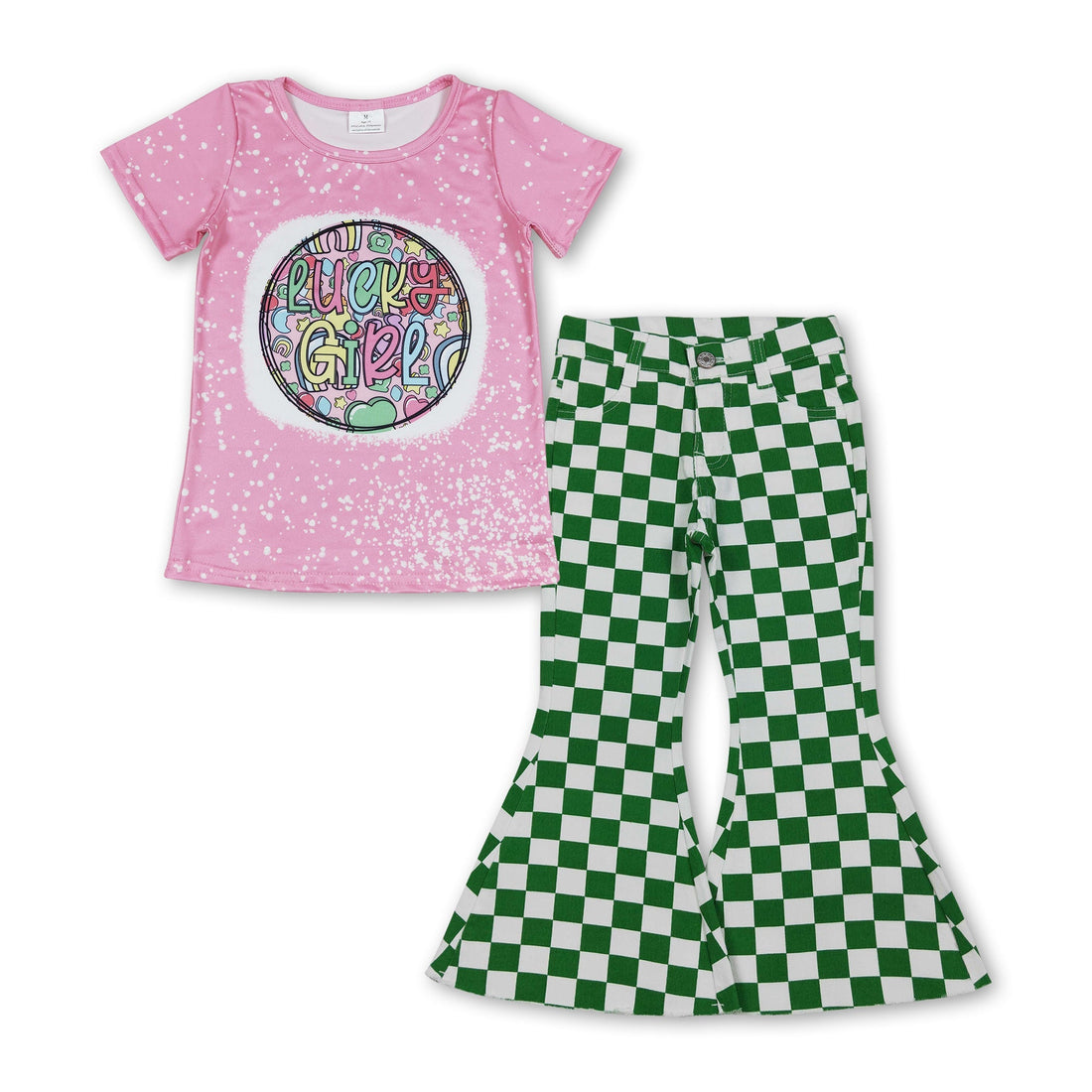 Lucky girl green plaid pants and short sleeves top set by Mini Rodeo, perfect for St. Patrick&