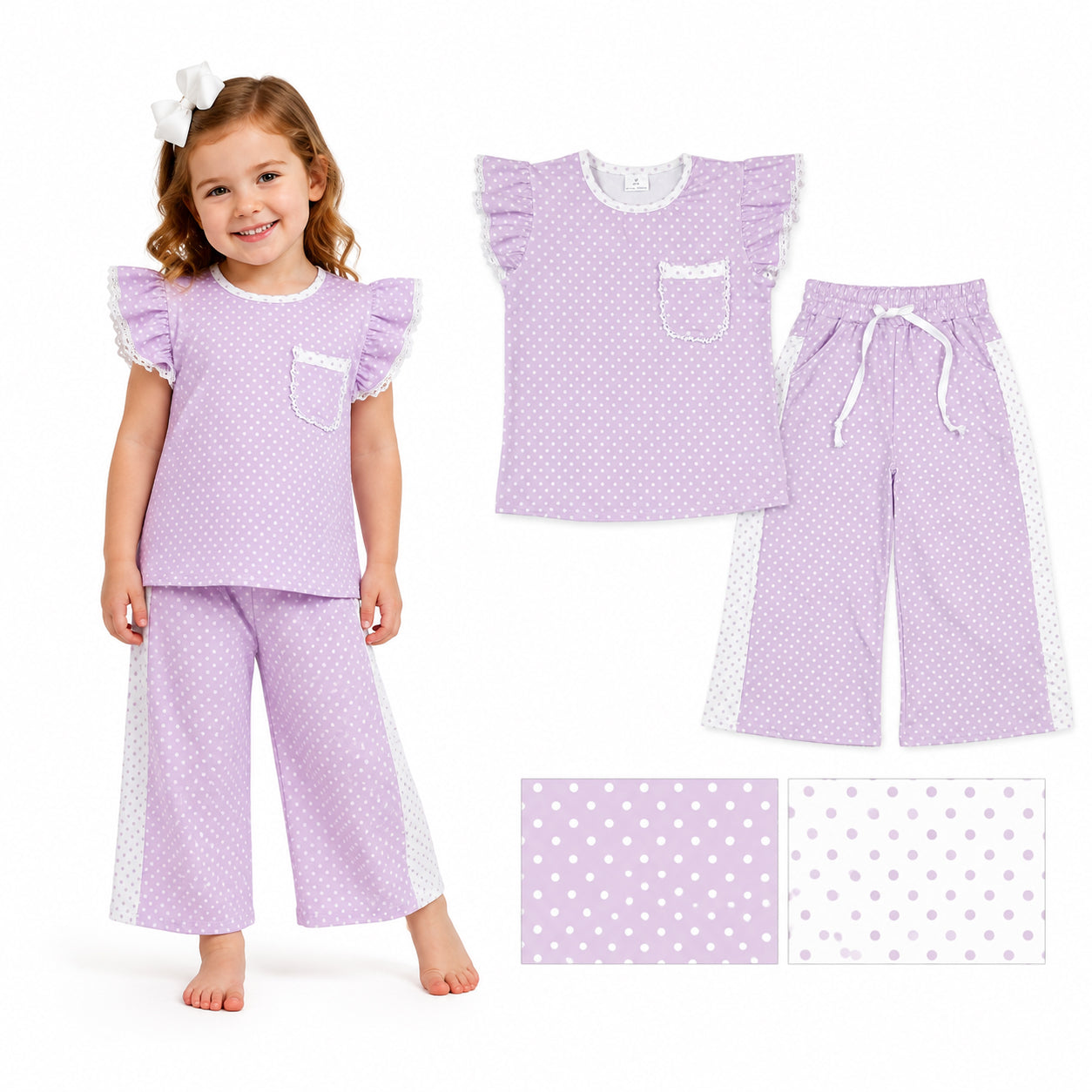 Lavender polka dots flutter sleeves top pants girls outfits