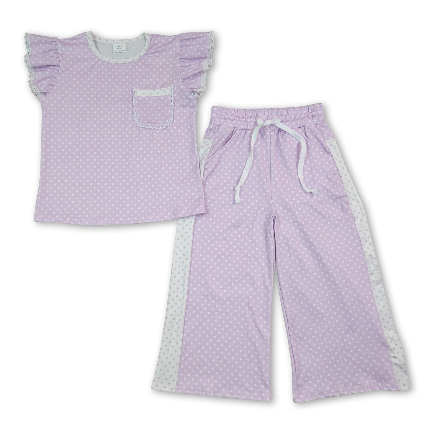 Lavender polka dots flutter sleeves top pants girls outfits