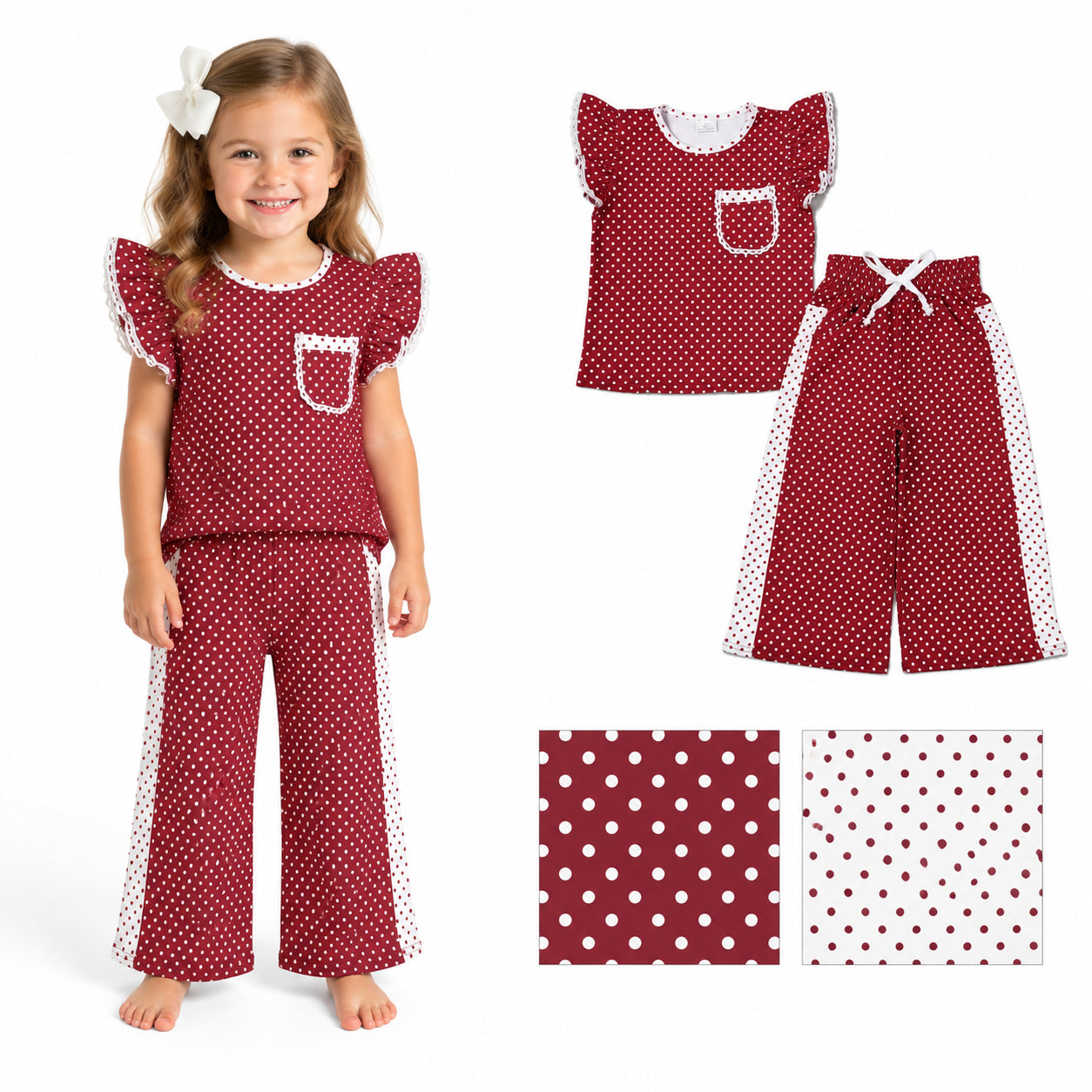 Maroon polka dots flutter sleeves top pants girls outfits