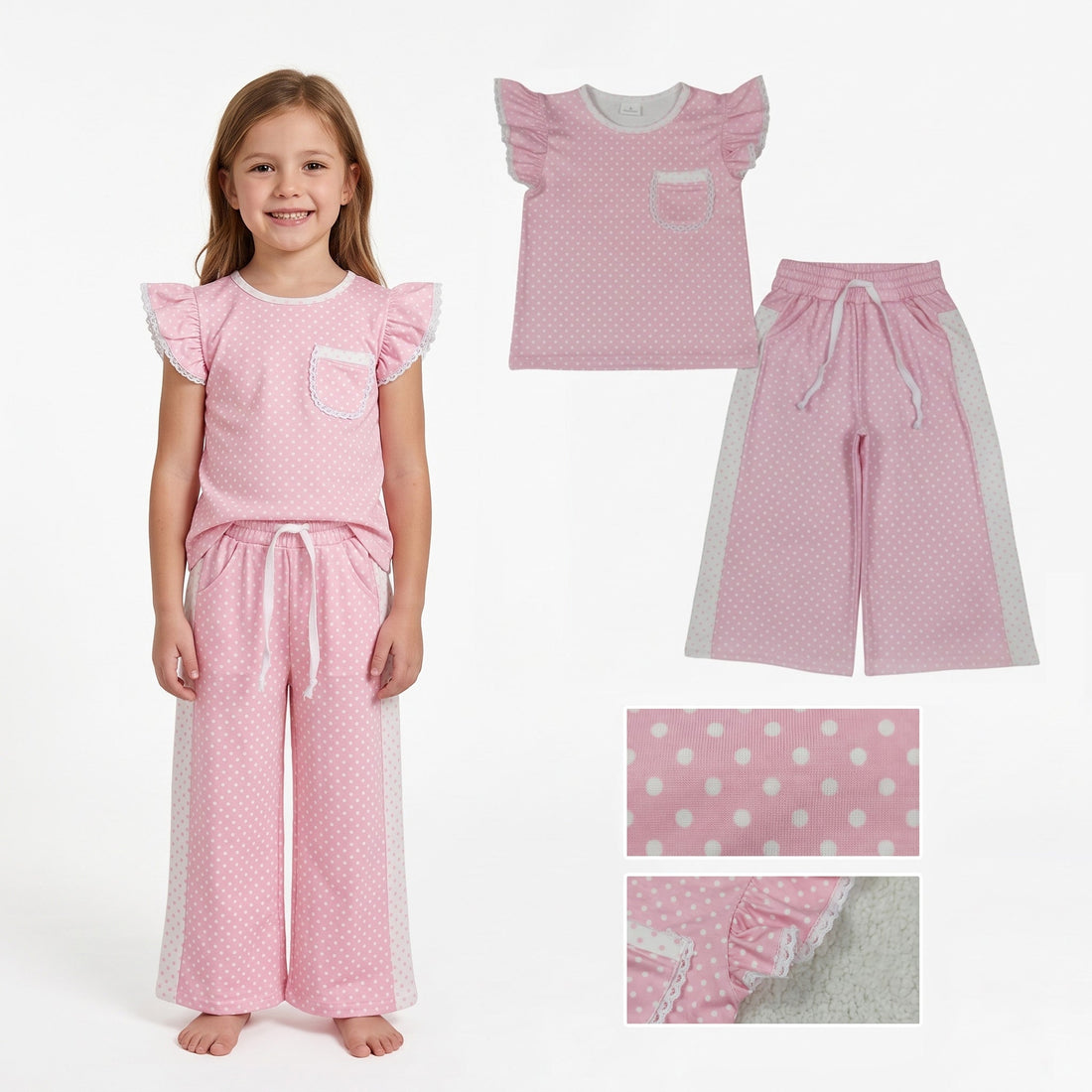 Pink polka dot girl short sleeves top and pants set by Mini Rodeo, cute flutter sleeves outfit for girls.
