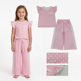 Pink polka dot girl short sleeves top and pants set by Mini Rodeo, cute flutter sleeves outfit for girls.