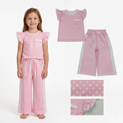 Pink polka dots flutter sleeves top pants girls outfits