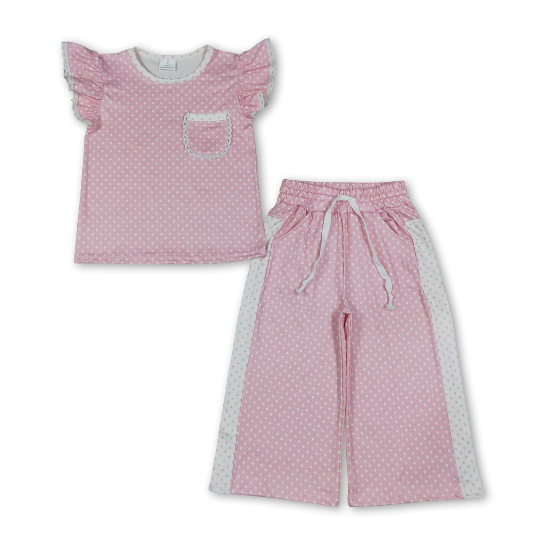 Pink polka dot girl short sleeves top and pants set by Mini Rodeo, featuring flutter sleeves and a playful, stylish design.