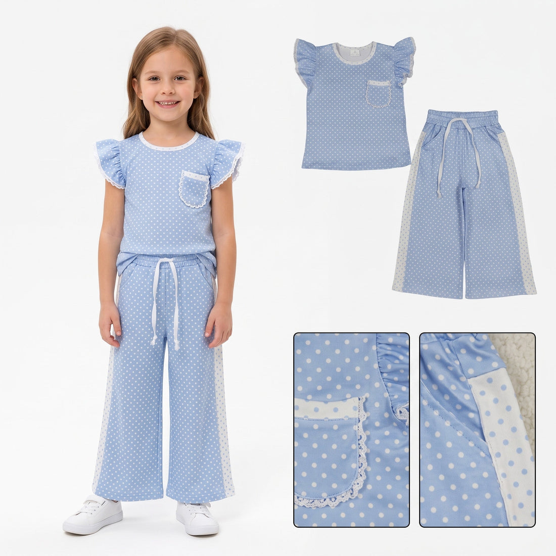 Blue polka dots flutter sleeves girl top and pants set by Mini Rodeo, featuring a stylish short-sleeve top and matching pants.