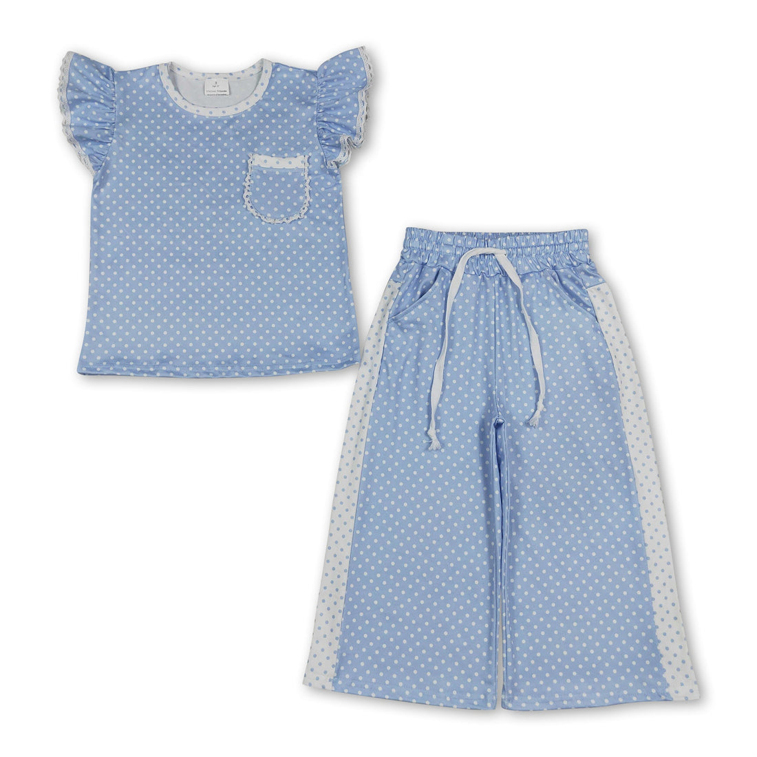 Blue polka dot girl short sleeves top and pants set by Mini Rodeo, featuring flutter sleeves and a playful, casual outfit.