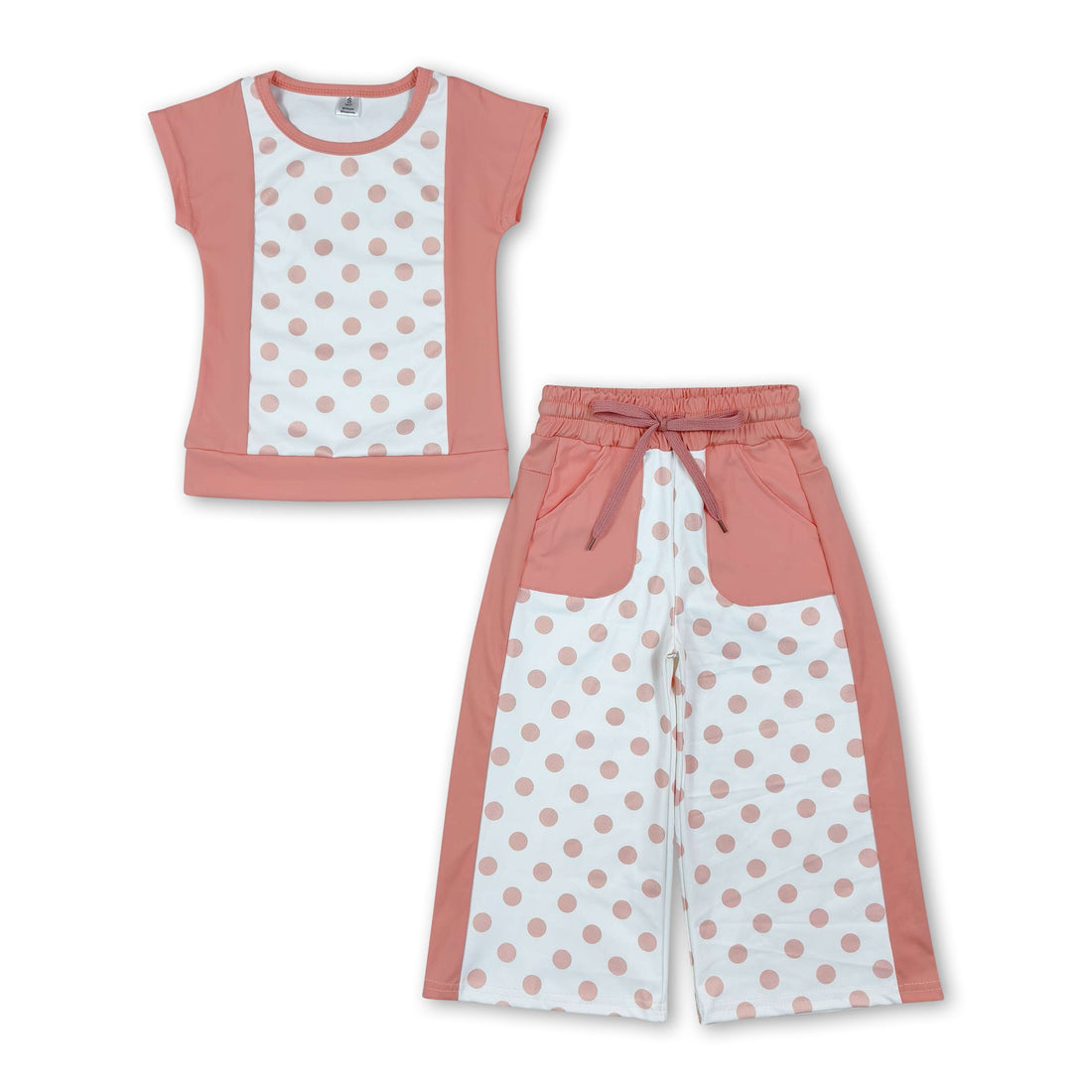 Short sleeves orange polka dots top pants girls outfits