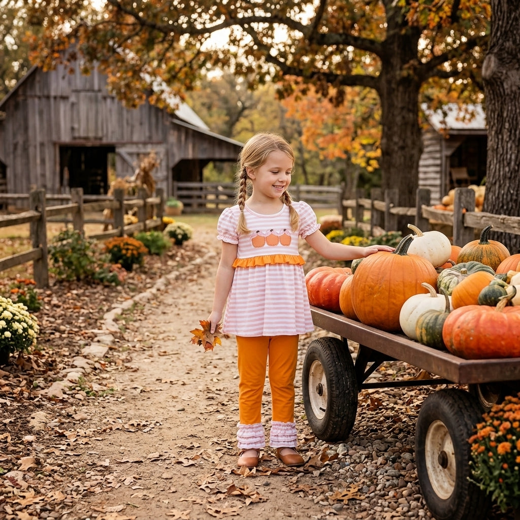 Pumpkin bow embroidery tunic leggings girls fall clothes