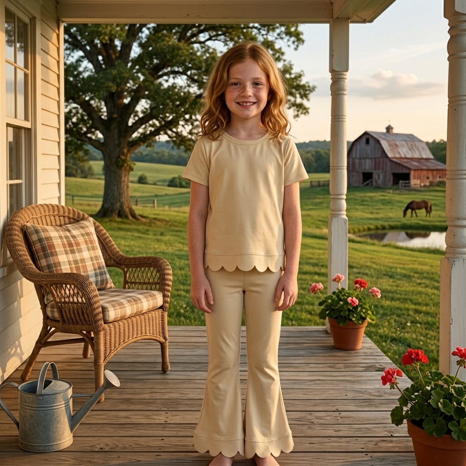 Short sleeves scallop beige cotton top pants girls outfits