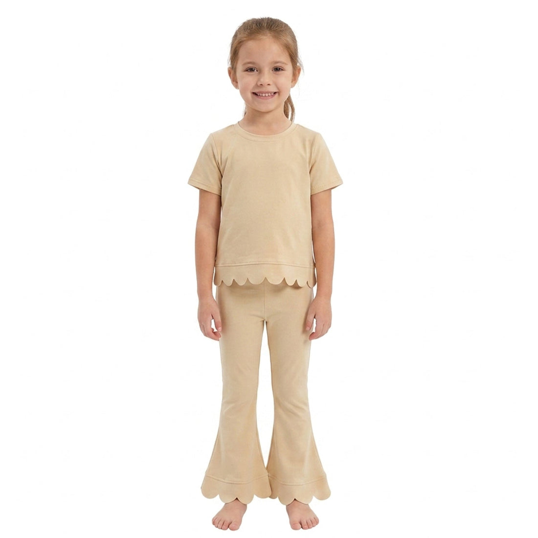 Short sleeves scallop beige cotton top pants girls outfits