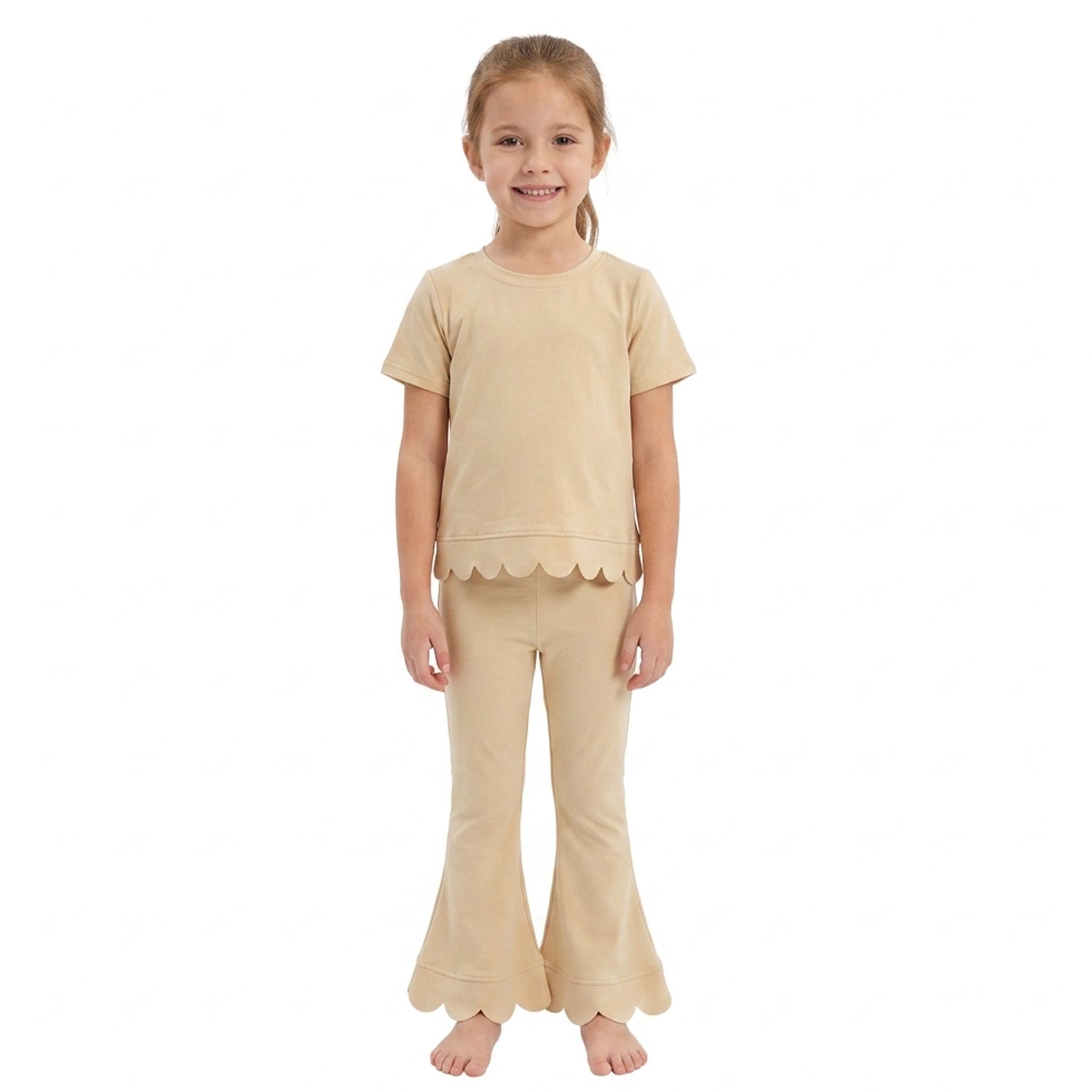Short sleeves scallop beige cotton top pants girls outfits