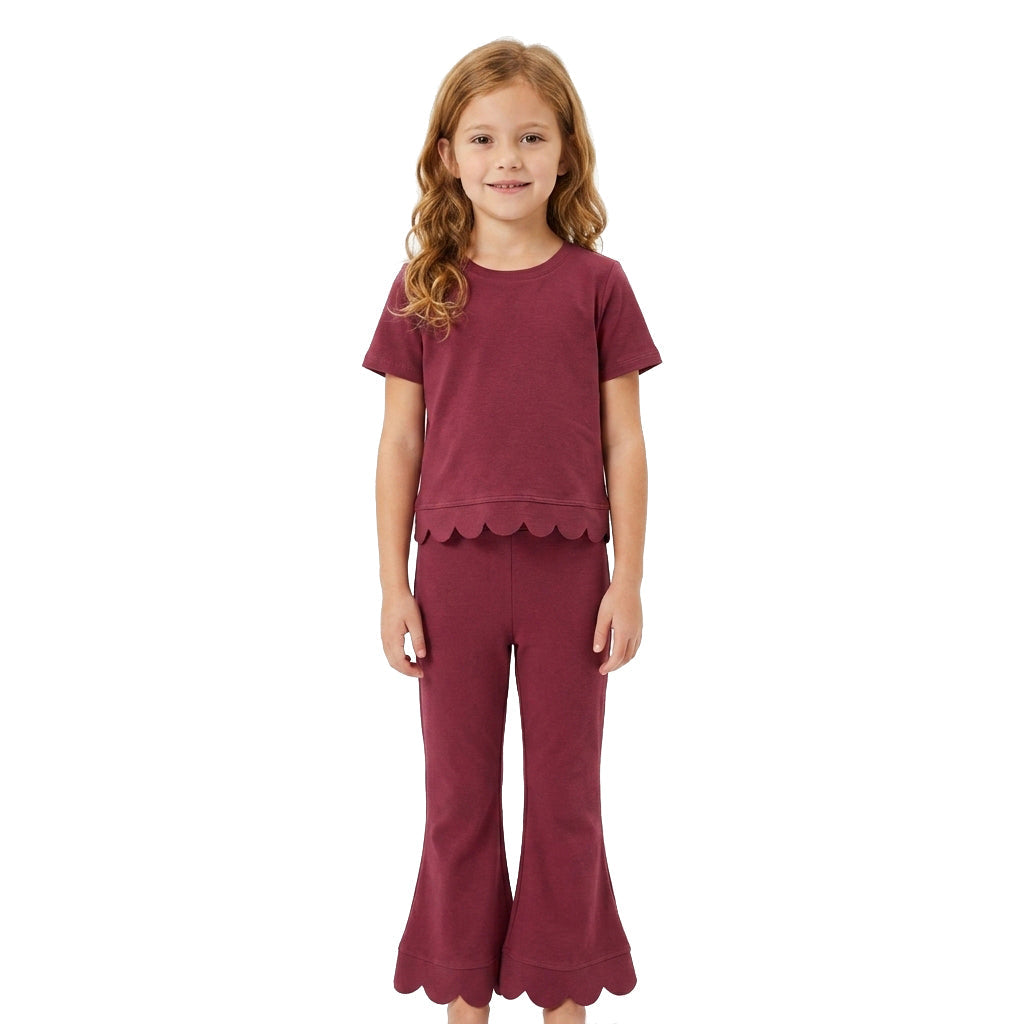 Short sleeves scallop rose red cotton top pants girls outfits