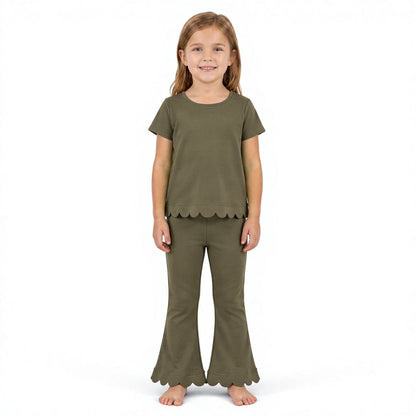 Olive short sleeves scallop top pants girls outfits