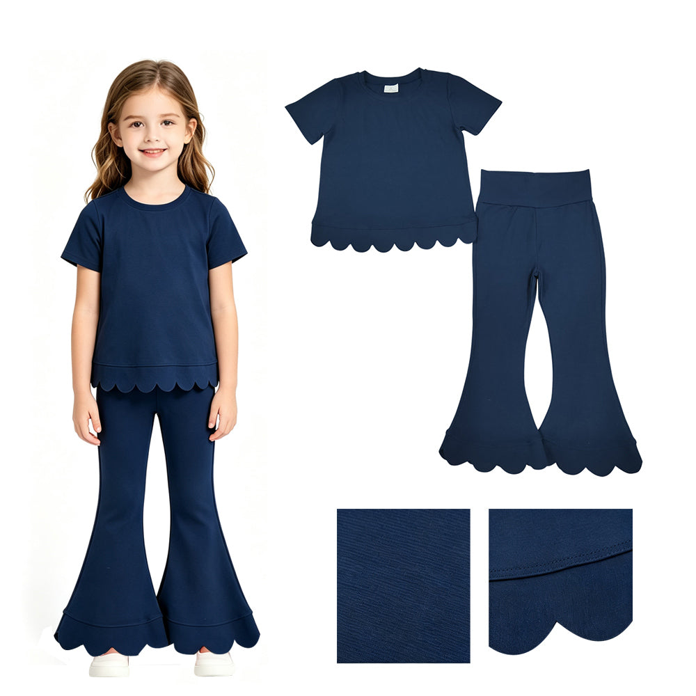 Short sleeves scallop navy cotton top pants girls outfits