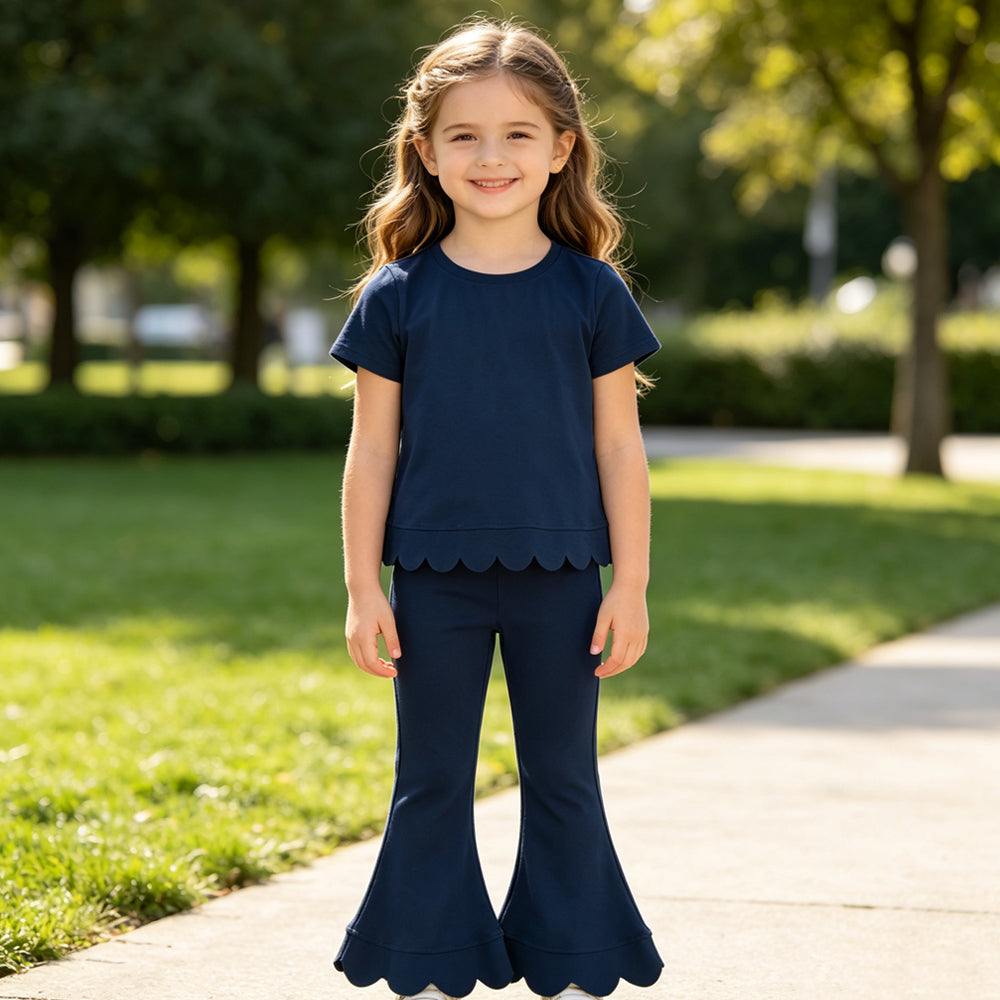 Short sleeves scallop navy cotton top pants girls outfits