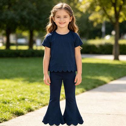 Short sleeves scallop navy cotton top pants girls outfits