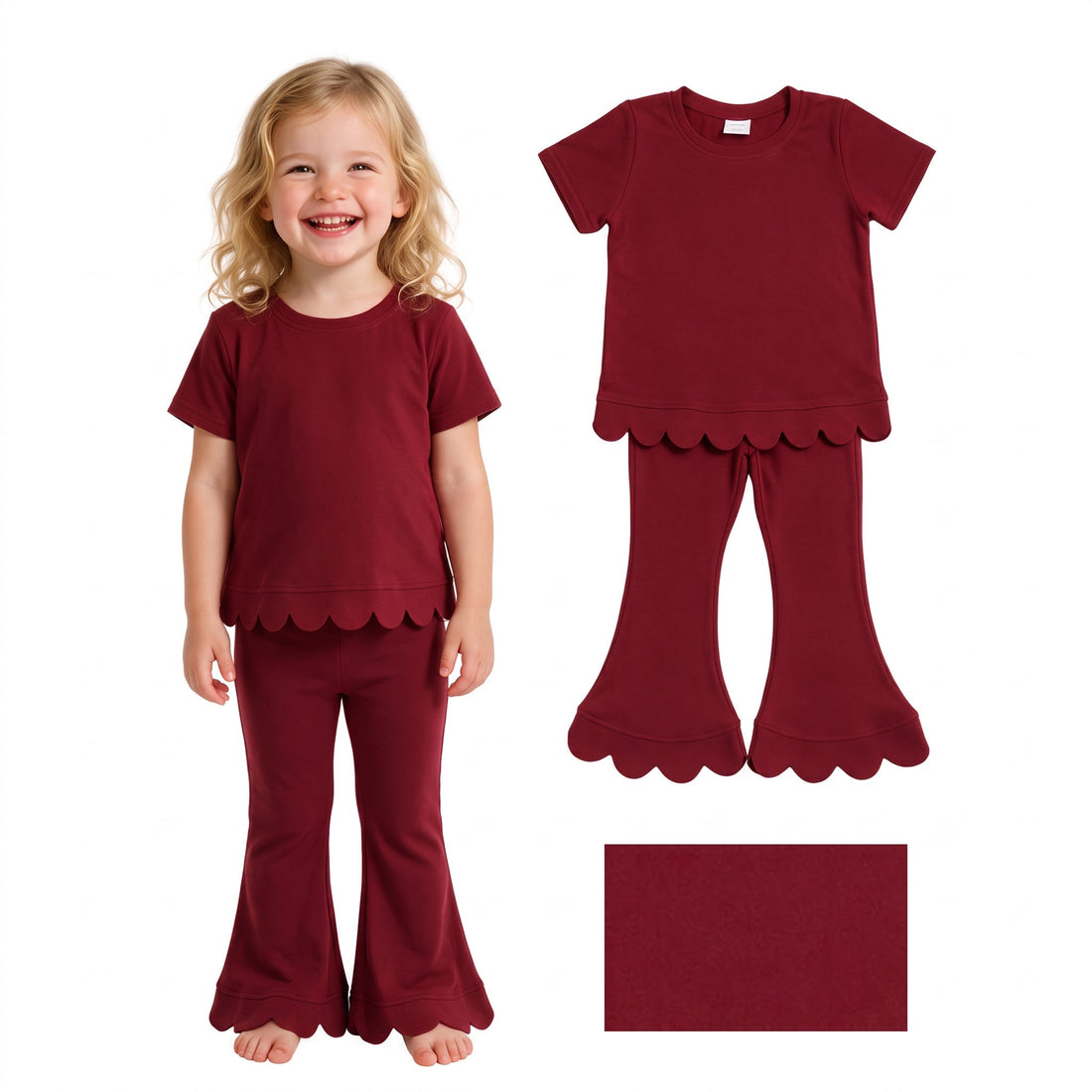 Short sleeves scallop dark red cotton top pants girls outfits