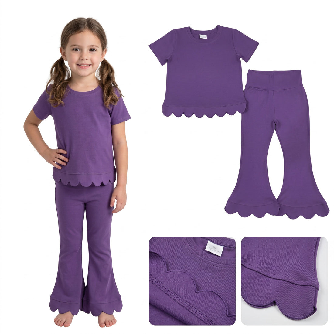 Short sleeves scallop purple cotton top pants girls outfits