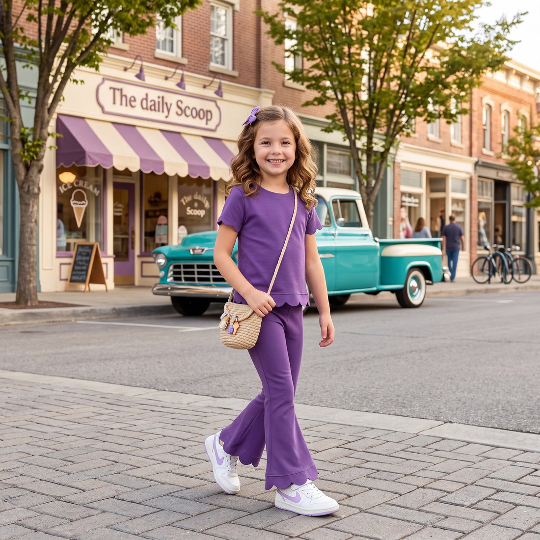 Short sleeves scallop purple cotton top pants girls outfits