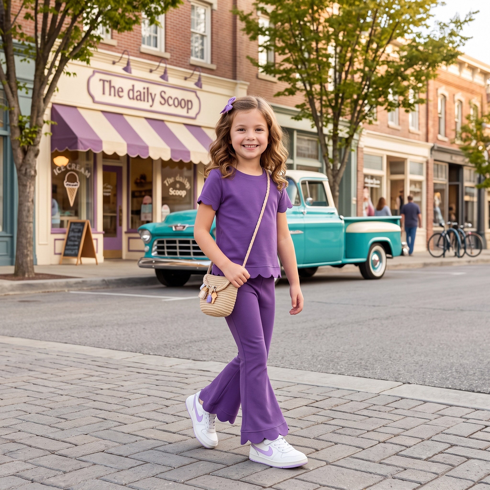 Short sleeves scallop purple cotton top pants girls outfits