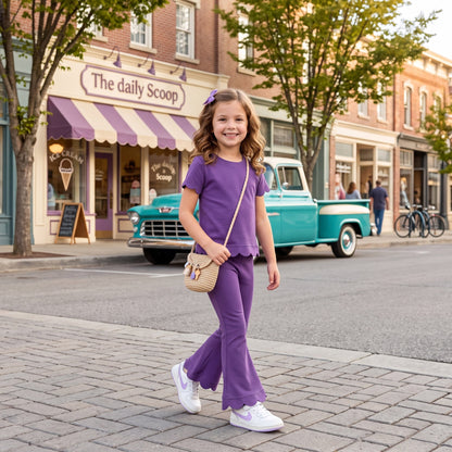 Short sleeves scallop purple cotton top pants girls outfits