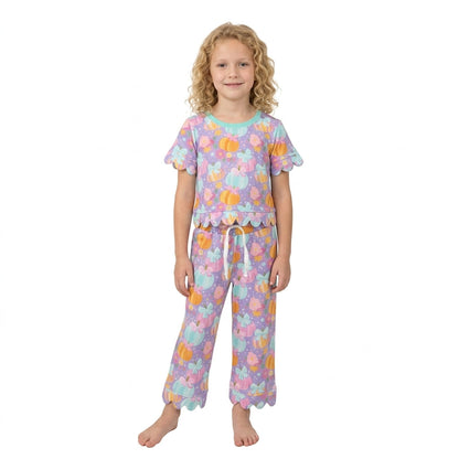 Purple pumpkin bow scallop top pants girls fall clothes