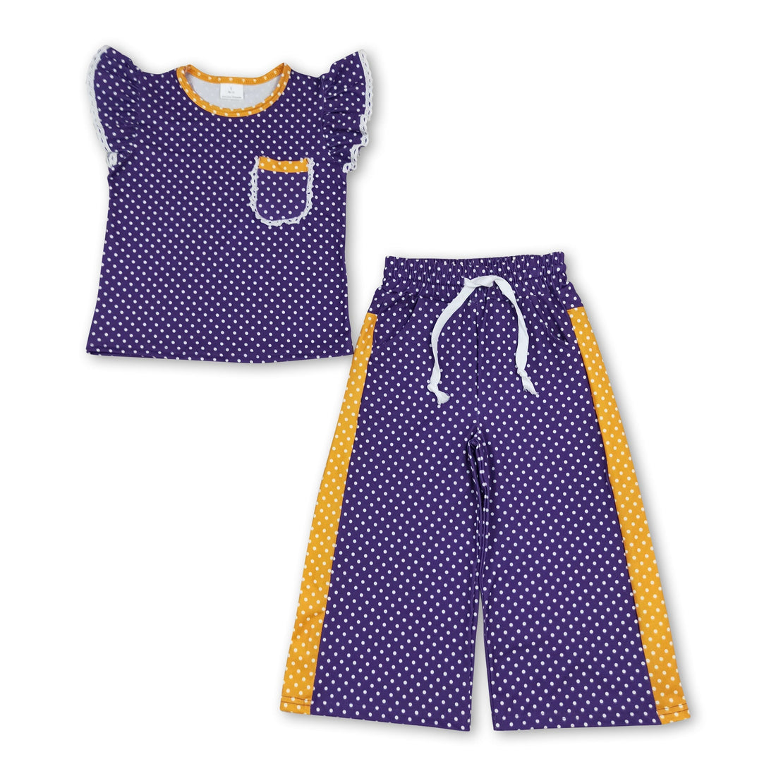 Purple polka dots flutter sleeves top pants girls team outfits