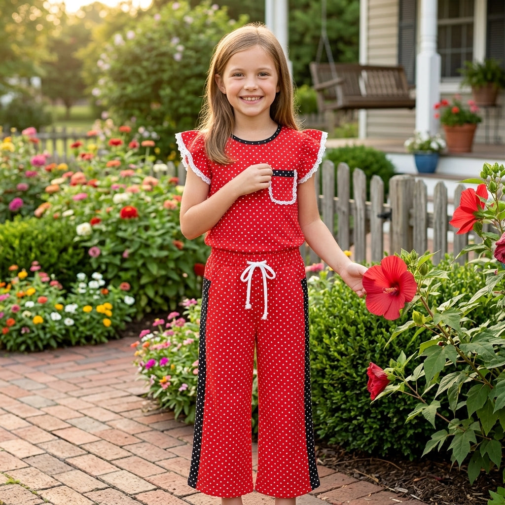 Red polka dots flutter sleeves top pants girls team outfits