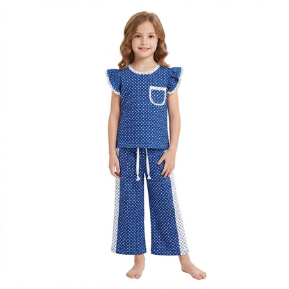 Blue polka dots flutter sleeves top pants girls team outfits
