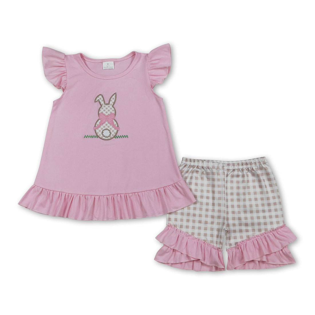 Pink bunny girl short sleeves top and plaid shorts set by Mini Rodeo, perfect Easter outfit for girls.
