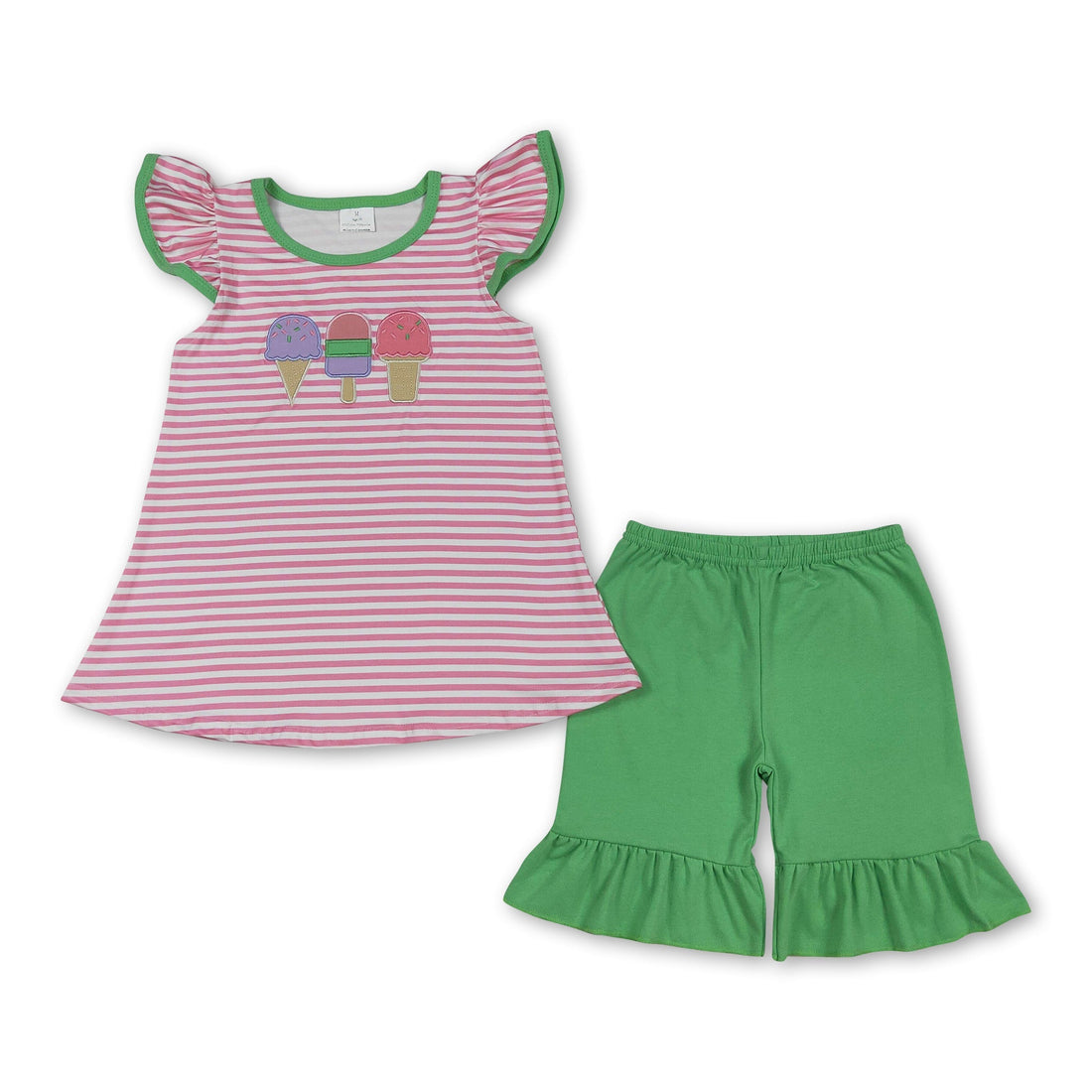 Mini Rodeo boys winter clothes featuring a pink stripe popsicle top and green shorts for girls&