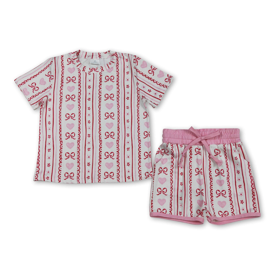 Pink heart bow floral girl shorts set with short sleeves, featuring a cute bow detail, perfect for Valentine&