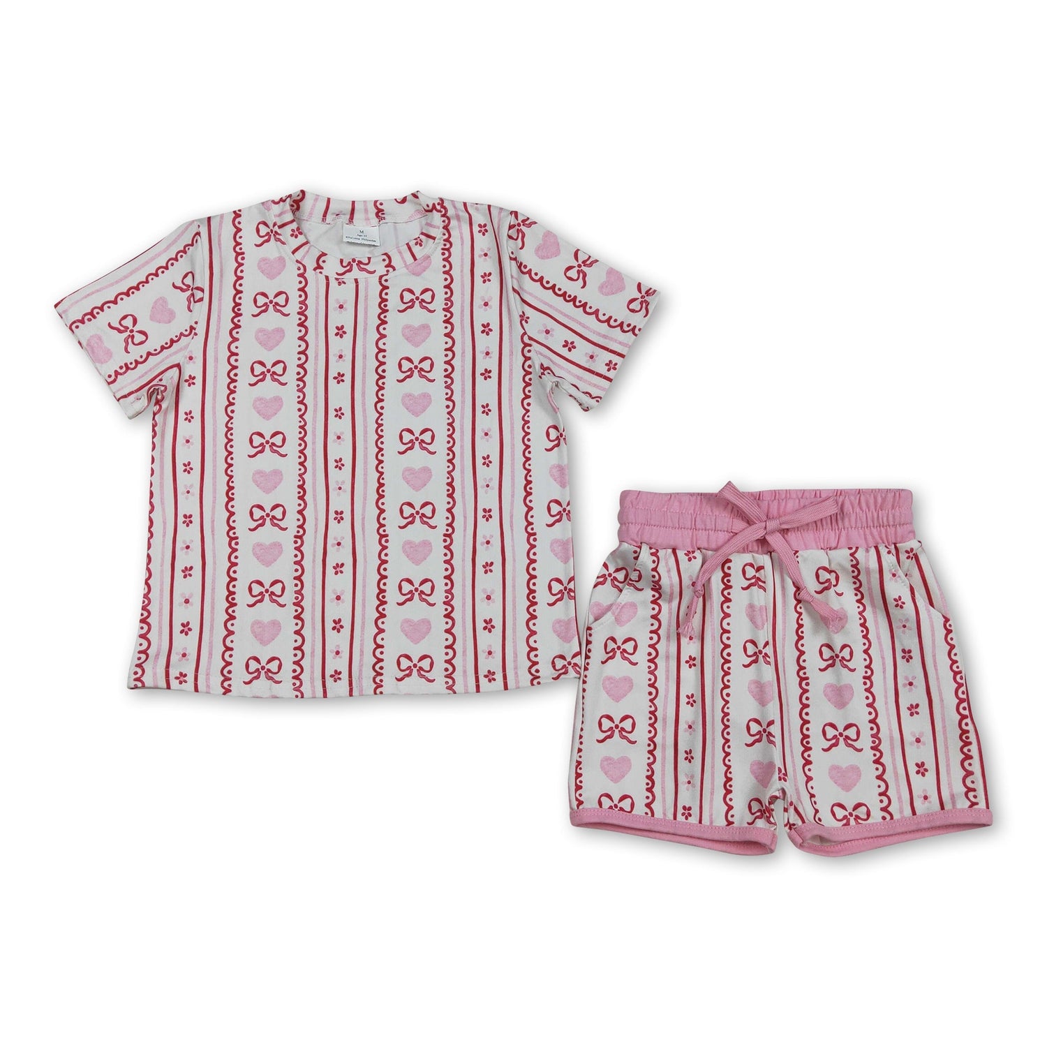Pink heart bow floral top shorts girls Valentine&