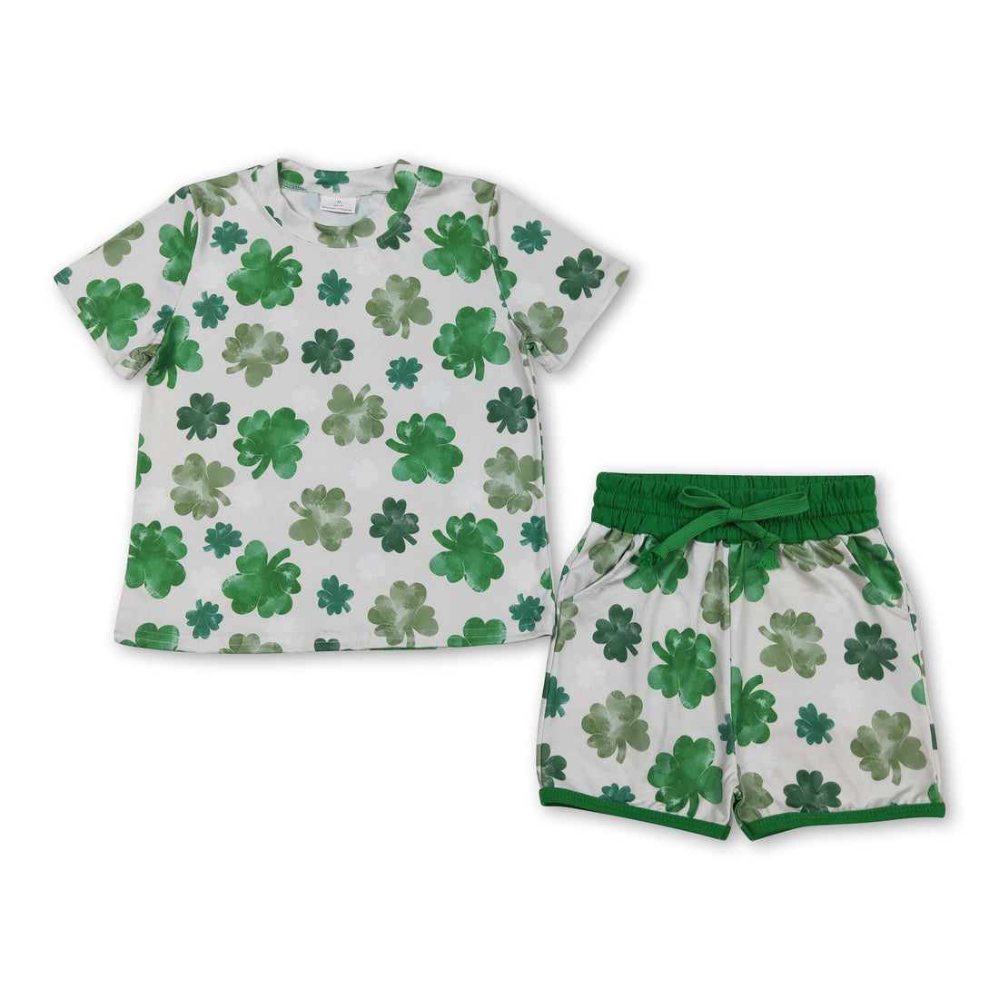 Girl short sleeves green clover top and shorts set by Mini Rodeo, perfect for St. Patrick&