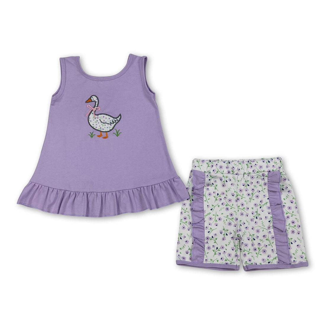 Lavender sleeveless floral bow baby girl shorts set by Mini Rodeo, featuring a short-sleeve top and matching shorts for infants.