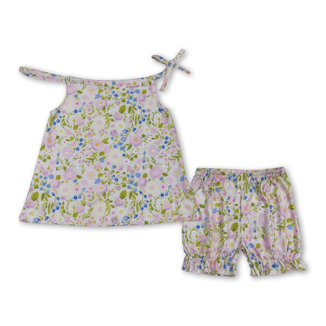 Pink and blue floral girl top with ruffle shorts set by Mini Rodeo, featuring short sleeves and playful floral design.