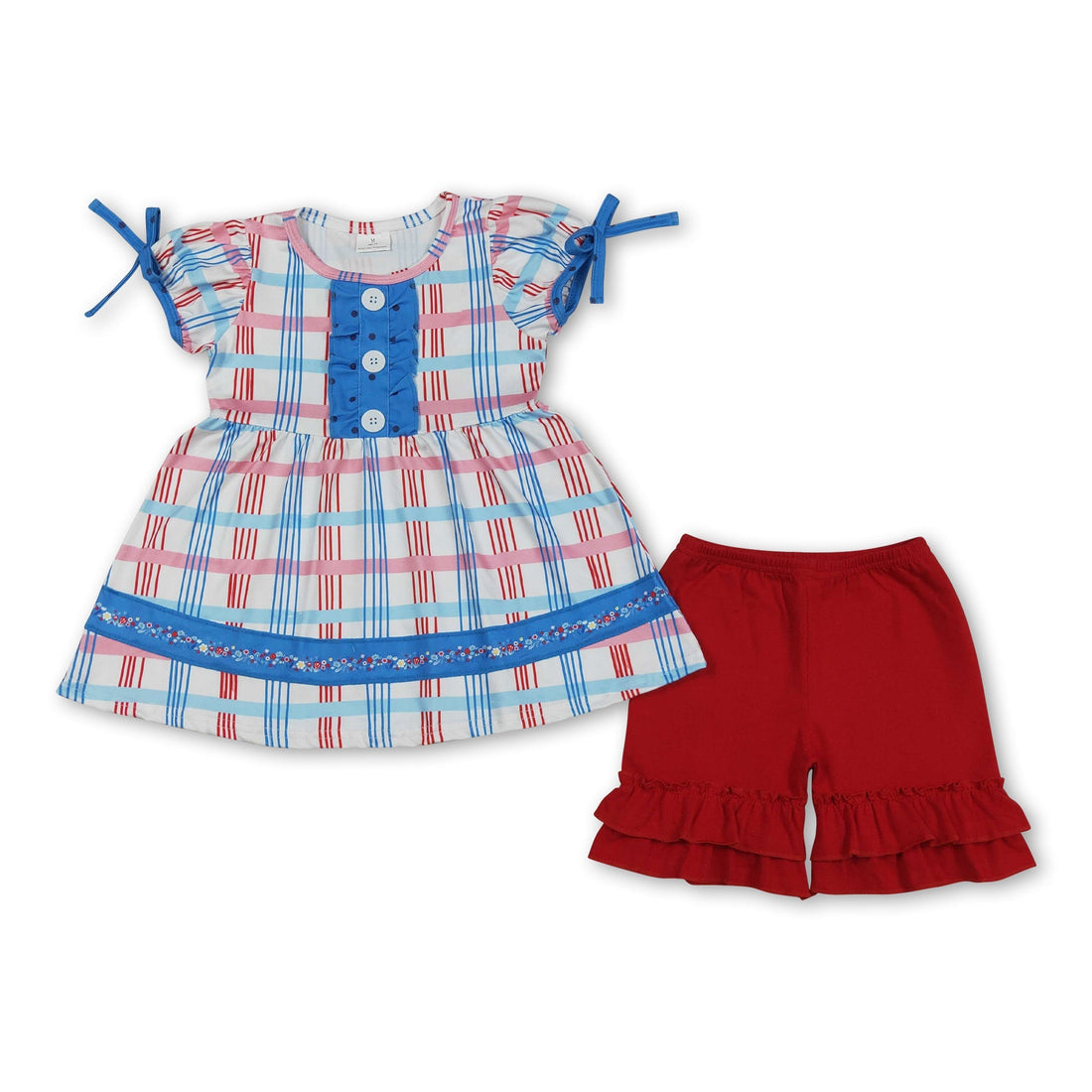 Red plaid ruffle tunic and shorts set for girls by Mini Rodeo, perfect for 4th of July outfits, featuring short sleeves and a stylish design.