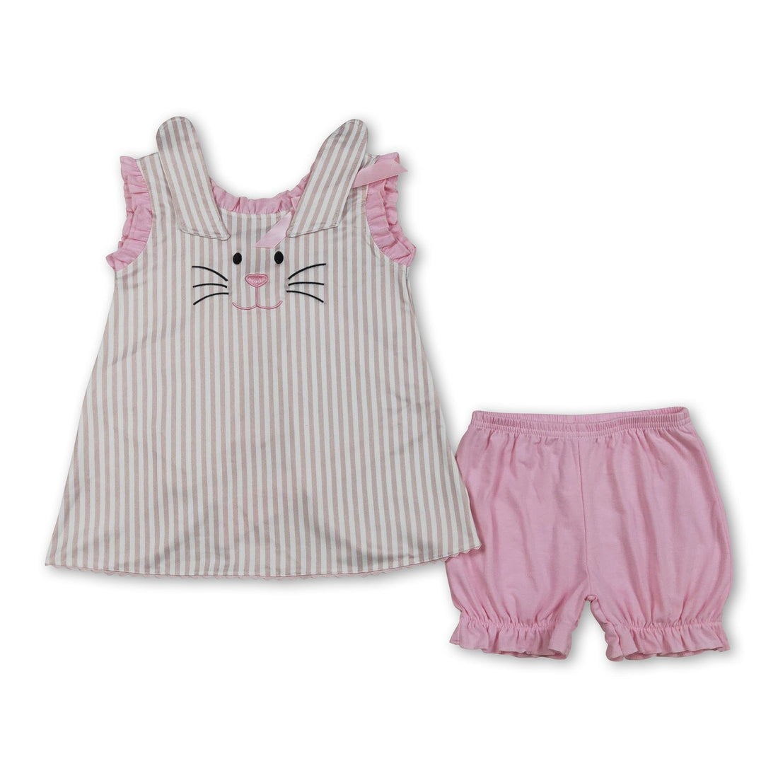 Striped girl shorts set with rabbit embroidery from Mini Rodeo, featuring a short-sleeve top and matching shorts for Easter outfits.
