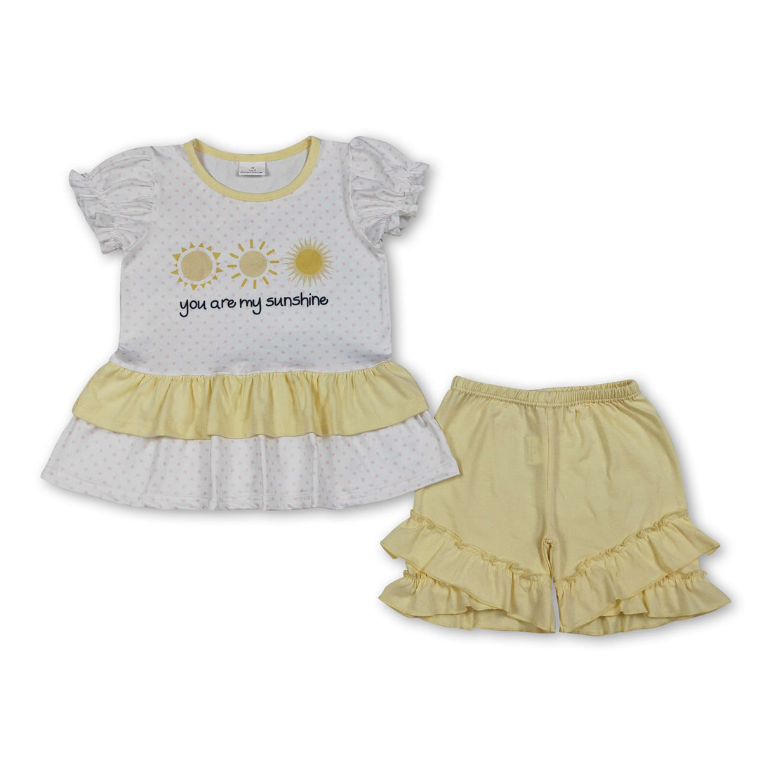 Girl short sleeves top and shorts set with polka dots from Mini Rodeo, featuring a cheerful "You are my sunshine" design.