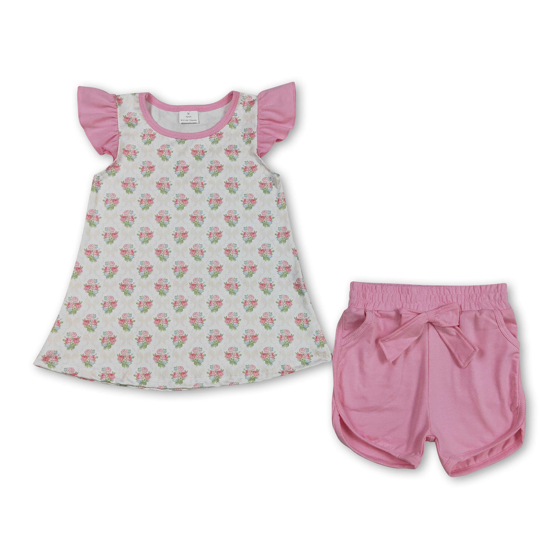 Pink floral girl short sleeves top and cotton shorts set by Mini Rodeo, perfect for girls&