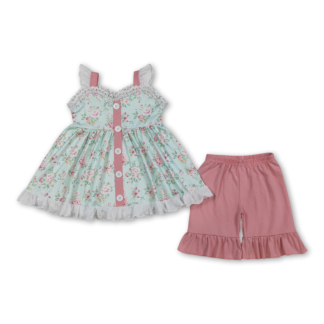 Mini Rodeo girl short sleeves floral button tunic with ruffle shorts, perfect for stylish girls&