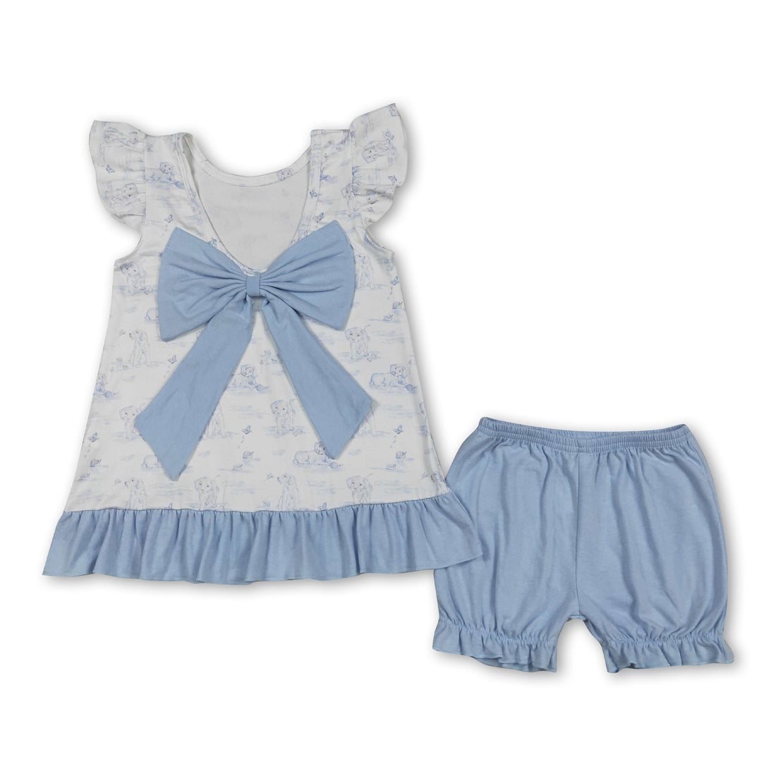 Light blue girl’s short sleeve ruffle bow top and shorts set by Mini Rodeo, featuring flutter sleeves and a playful design.
