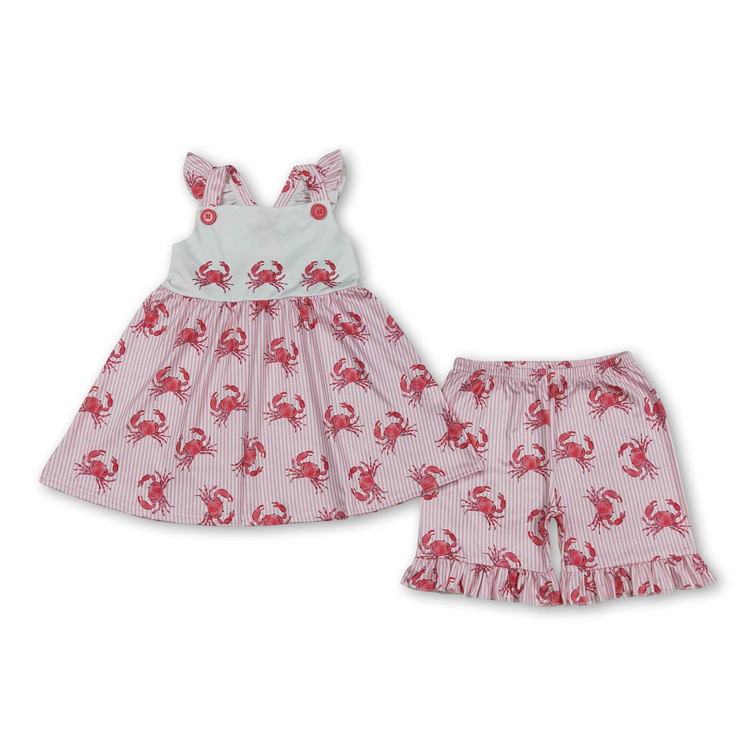 Mini Rodeo girl short sleeves striped crab tunic and shorts set, cute and comfortable outfit for girls, featuring flutter sleeves and playful design.