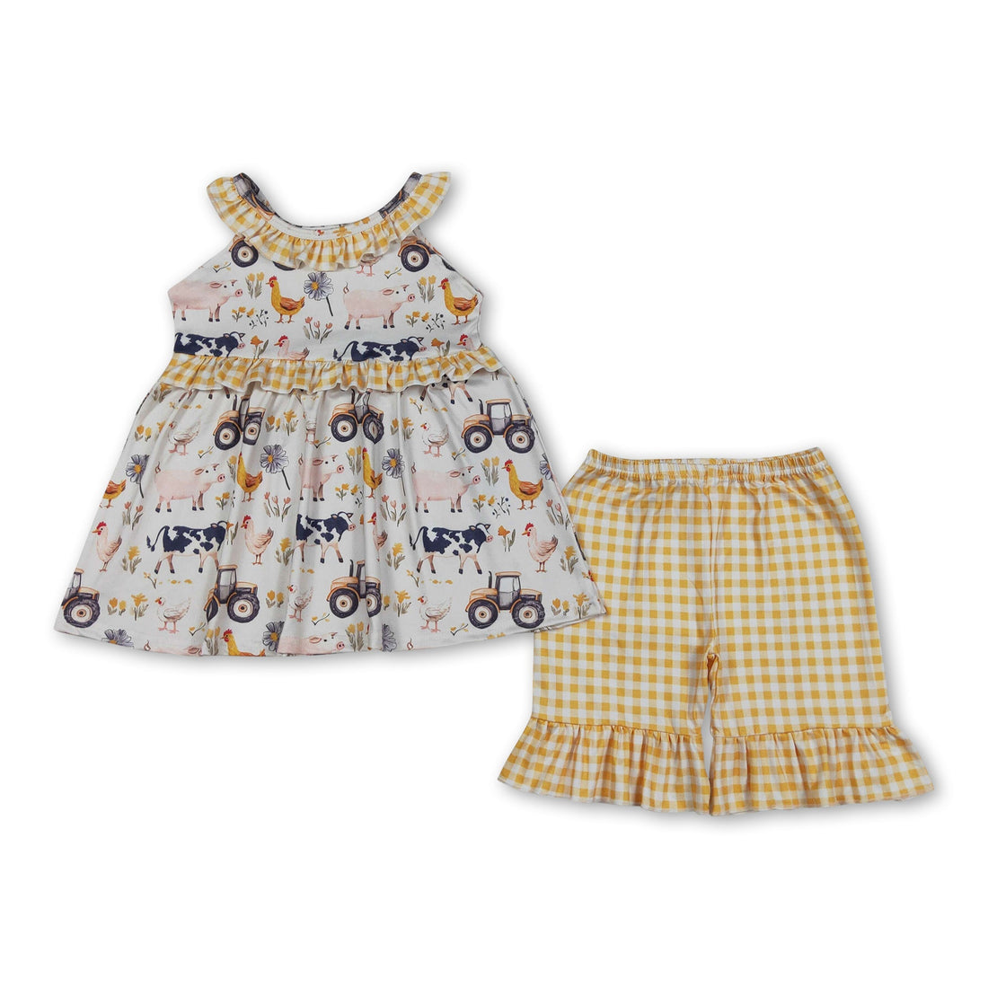 Girl short sleeves top and yellow plaid shorts set by Mini Rodeo, featuring a sleeveless farm ruffle tunic outfit for girls.