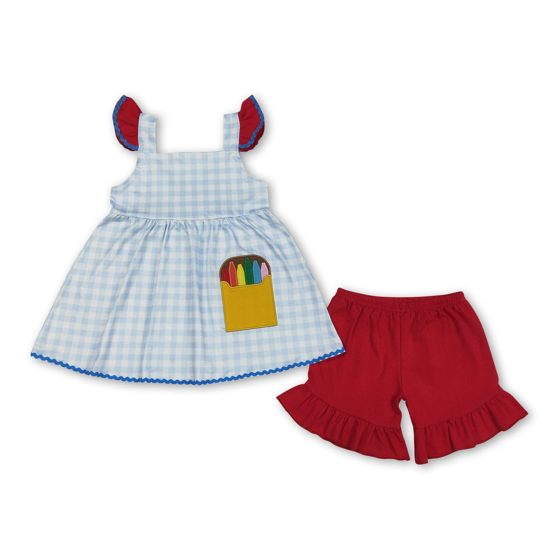 Girl wearing plaid crayon embroidery tunic and shorts set by Mini Rodeo, short-sleeve top with matching shorts for back-to-school.